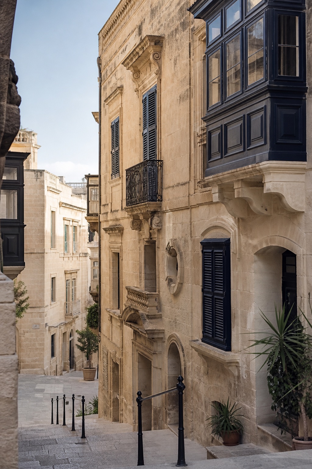 Malta-inspired limestone street with traditional enclosed balconies and geometric Mediterranean light.